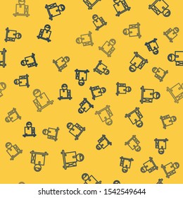 Blue line Scale with cardboard box icon isolated seamless pattern on yellow background. Logistic and delivery. Weight of delivery package on a scale.  Vector Illustration