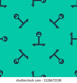 Blue line Scale icon isolated seamless pattern on green background. Logistic and delivery. Weight of delivery package on a scale.  Vector Illustration