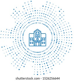 Blue line School building icon isolated on white background. Abstract circle random dots. Vector Illustration
