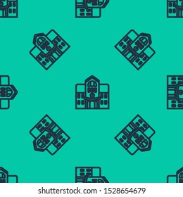 Blue line School building icon isolated seamless pattern on green background.  Vector Illustration