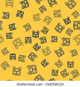 Blue line School Bus icon isolated seamless pattern on yellow background. Public transportation symbol.  Vector Illustration