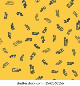 Blue line School Bus icon isolated seamless pattern on yellow background. Public transportation symbol.  Vector Illustration