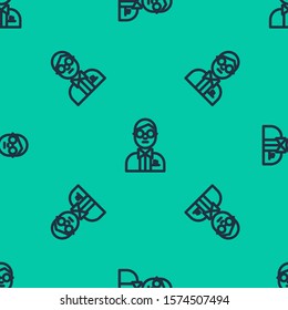 Blue line Scientist icon isolated seamless pattern on green background.  Vector Illustration
