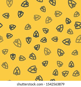 Blue line Scissors hairdresser and shield icon isolated seamless pattern on yellow background. Hairdresser, fashion salon and barber sign. Barbershop symbol.  Vector Illustration