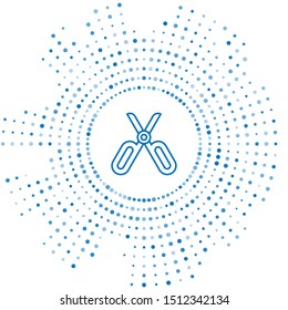 Blue line Scissors icon isolated on white background. Tailor symbol. Cutting tool sign. Abstract circle random dots. Vector Illustration