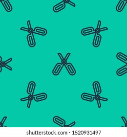 Blue line Scissors icon isolated seamless pattern on green background. Tailor symbol. Cutting tool sign.  Vector Illustration