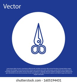 Blue line Scissors icon isolated on blue background. Cutting tool sign. White circle button. Vector Illustration
