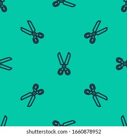 Blue line Scissors icon isolated seamless pattern on green background. Cutting tool sign.  Vector Illustration
