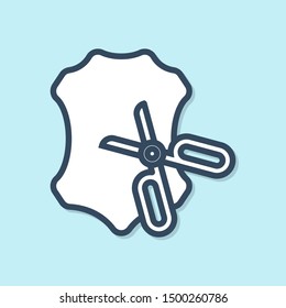 Blue line Scissors and leather icon isolated on blue background. Tailor symbol. Cutting tool sign.  Vector Illustration