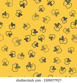 Blue line Scissors and leather icon isolated seamless pattern on yellow background. Tailor symbol. Cutting tool sign.  Vector Illustration