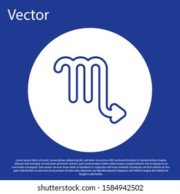 Blue line Scorpio zodiac sign icon isolated on blue background. Astrological horoscope collection. White circle button. Vector Illustration