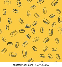 Blue line Scotch icon isolated seamless pattern on yellow background. Roll of adhesive tape for work and repair. Sticky packing tape. Office tool and stuff.  Vector Illustration