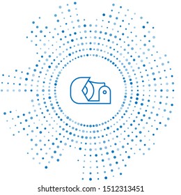 Blue line Scotch icon isolated on white background. Roll of adhesive tape for work and repair. Sticky packing tape. Office tool and stuff. Abstract circle random dots. Vector Illustration