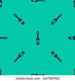 Blue line Screwdriver icon isolated seamless pattern on green background. Service tool symbol.  Vector Illustration