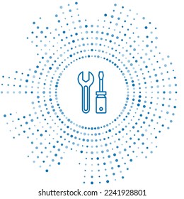 Blue Line Schraubendreher und Schraubenschlüssel Symbol einzeln auf weißem Hintergrund. Symbol für Service-Tools. Abstrakte Kreis Zufallspunkte. Vektorgrafik