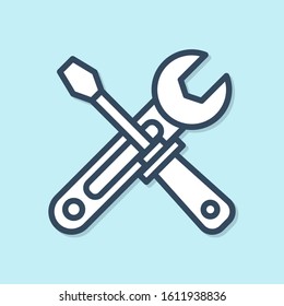Blue line Screwdriver and wrench tools icon isolated on blue background. Service tool symbol.  Vector Illustration