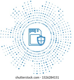 Blue line SD card and shield icon isolated on white background. Memory card. Adapter icon. Security, safety, protection, privacy concept. Abstract circle random dots. Vector Illustration