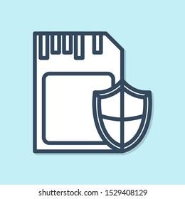 Blue line SD card and shield icon isolated on blue background. Memory card. Adapter icon. Security, safety, protection, privacy concept.  Vector Illustration