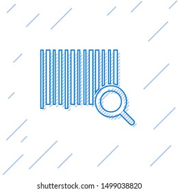 Blue line Search barcode icon isolated on white background. Magnifying glass searching barcode. Barcode label sticker. Research barcode.  Vector Illustration