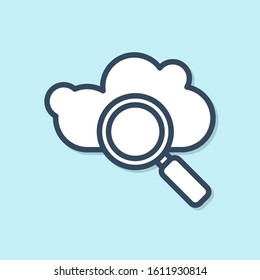 Blue line Search cloud computing icon isolated on blue background. Magnifying glass and cloud.  Vector Illustration