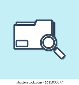 Blue line Search concept with folder icon isolated on blue background. Magnifying glass and document. Data and information sign.  Vector Illustration