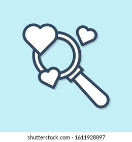 Blue line Search heart and love icon isolated on blue background. Magnifying glass with heart inside.  Vector Illustration