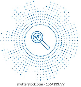 Blue line Search location icon isolated on white background. Magnifying glass with pointer sign. Abstract circle random dots. Vector Illustration