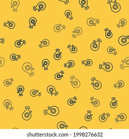 Blue line Search location icon isolated seamless pattern on yellow background. Magnifying glass with pointer sign.  Vector