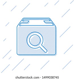 Blue line Search package icon isolated on white background. Parcel tracking symbol. Magnifying glass and cardboard box. Logistic and delivery.  Vector Illustration