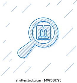 Blue line Search package icon isolated on white background. Parcel tracking symbol. Magnifying glass and cardboard box. Logistic and delivery.  Vector Illustration
