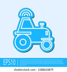 Blue line Self driving wireless tractor on a smart farm icon isolated on grey background. Smart agriculture implement element.  Vector Illustration