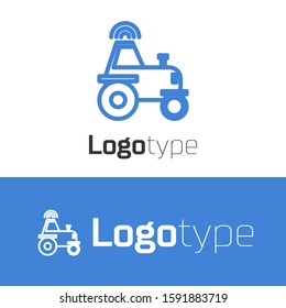 Blue Line Self Driving Wireless Tractor On A Smart Farm Icon Isolated On White Background. Smart Agriculture Implement Element. Logo Design Template Element. Vector Illustration