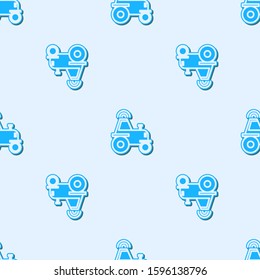 Blue line Self driving wireless tractor on a smart farm icon isolated seamless pattern on grey background. Smart agriculture implement element.  Vector Illustration