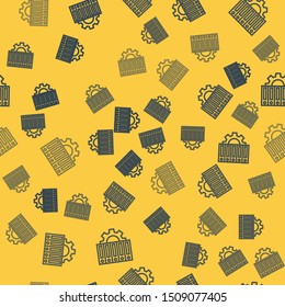 Blue line Server and gear icon isolated seamless pattern on yellow background. Adjusting app, service concept, setting options, maintenance, repair, fixing.  Vector Illustration
