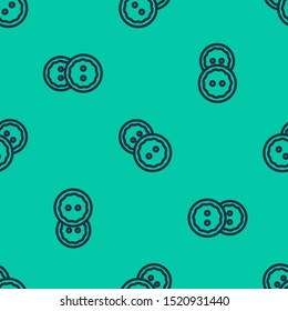 Blue line Sewing button for clothes icon isolated seamless pattern on green background. Clothing buttons.  Vector Illustration
