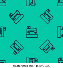 Blue line Sewing machine icon isolated seamless pattern on green background.  Vector Illustration
