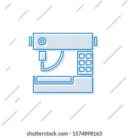 Blue line Sewing machine icon isolated on white background.  Vector Illustration