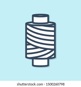 Blue line Sewing thread on spool icon isolated on blue background. Yarn spool. Thread bobbin.  Vector Illustration