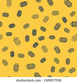 Blue line Sewing thread on spool icon isolated seamless pattern on yellow background. Yarn spool. Thread bobbin.  Vector Illustration