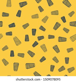 Blue line Sewing thread on spool icon isolated seamless pattern on yellow background. Yarn spool. Thread bobbin.  Vector Illustration