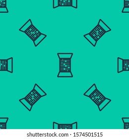 Blue line Sewing thread on spool icon isolated seamless pattern on green background. Yarn spool. Thread bobbin.  Vector Illustration
