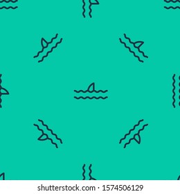 Blue line Shark fin in ocean wave icon isolated seamless pattern on green background.  Vector Illustration