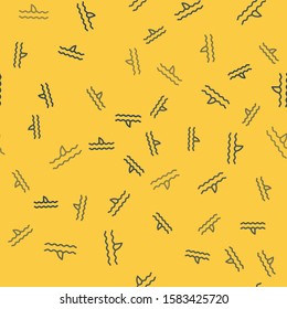 Blue line Shark fin in ocean wave icon isolated seamless pattern on yellow background.  Vector Illustration