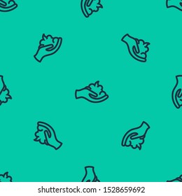 Blue line Shaving gel foam on hand icon isolated seamless pattern on green background. Shaving cream.  Vector Illustration