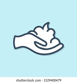 Blue line Shaving gel foam on hand icon isolated on blue background. Shaving cream.  Vector Illustration