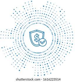 Blue line Shield with dollar symbol icon isolated on white background. Security shield protection. Money security concept. Abstract circle random dots. Vector Illustration