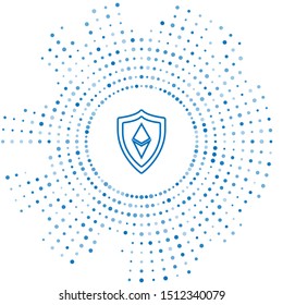 Blue line Shield Ethereum ETH icon isolated on white background. Cryptocurrency mining, blockchain technology, security, protect, digital money. Abstract circle random dots. Vector Illustration