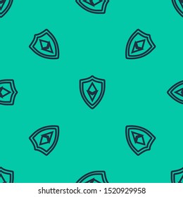 Blue line Shield Ethereum ETH icon isolated seamless pattern on green background. Cryptocurrency mining, blockchain technology, security, protect, digital money.  Vector Illustration