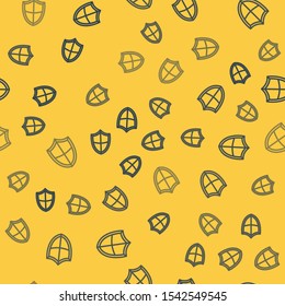 Blue line Shield icon isolated seamless pattern on yellow background. Guard sign. Security, safety, protection, privacy concept.  Vector Illustration
