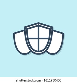 Blue line Shield icon isolated on blue background. Guard sign. Security, safety, protection, privacy concept.  Vector Illustration